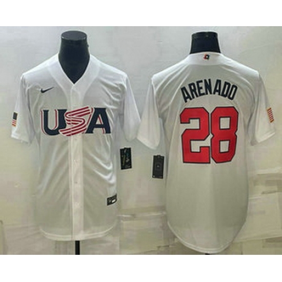 Men's USA Baseball #28 Nolan Arenado 2023 White World Baseball Classic Replica Stitched Jersey Men's USA Baseball #28 Nolan Arenado 2023 White World Baseball Classic Replica Stitched Jersey