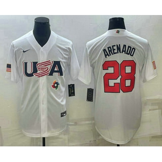 Men's USA Baseball #28 Nolan Arenado 2023 White World Baseball Classic Replica Stitched Jerseys Men's USA Baseball #28 Nolan Arenado 2023 White World Baseball Classic Replica Stitched Jerseys
