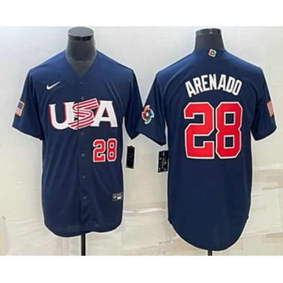 Men's USA Baseball #28 Nolan Arenado Number 2023 Navy World Baseball Classic Stitched Jersey Men's USA Baseball #28 Nolan Arenado Number 2023 Navy World Baseball Classic Stitched Jersey