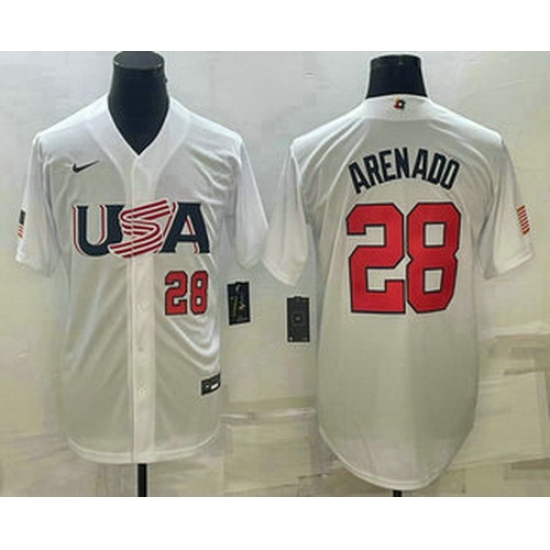 Mens USA Baseball #28 Nolan Arenado Number 2023 White World Baseball Classic Replica Stitched Jersey Mens USA Baseball #28 Nolan Arenado Number 2023 White World Baseball Classic Replica Stitched Jersey