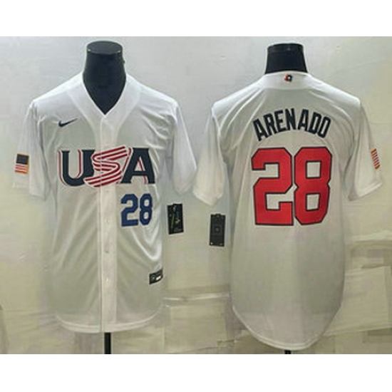 Men's USA Baseball #28 Nolan Arenado Number 2023 White World Baseball Classic Replica Stitched Jerseys Men's USA Baseball #28 Nolan Arenado Number 2023 White World Baseball Classic Replica Stitched Jerseys