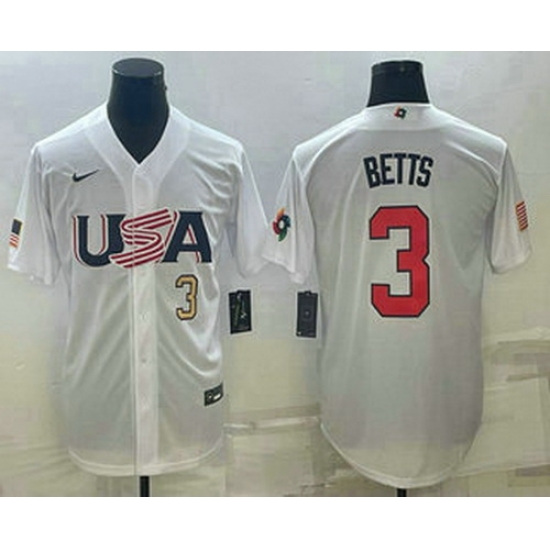 Men's USA Baseball #3 Mookie Betts Number 2023 White World Baseball Classic Replica Stitched Jersey Men's USA Baseball #3 Mookie Betts Number 2023 White World Baseball Classic Replica Stitched Jersey