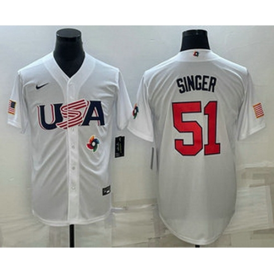 Men's USA Baseball #51 Brady Singer 2023 White World Baseball Classic Stitched Jersey Men's USA Baseball #51 Brady Singer 2023 White World Baseball Classic Stitched Jersey