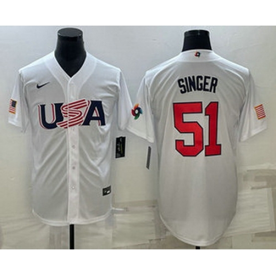 Men's USA Baseball #51 Brady Singer 2023 White World Baseball Classic Stitched Jerseys Men's USA Baseball #51 Brady Singer 2023 White World Baseball Classic Stitched Jerseys