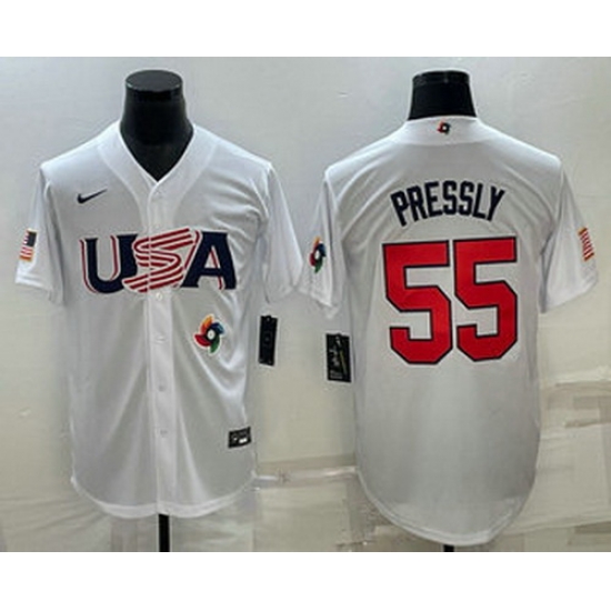 Men's USA Baseball #55 Ryan Pressly 2023 White World Baseball Classic Stitched Jersey Men's USA Baseball #55 Ryan Pressly 2023 White World Baseball Classic Stitched Jersey