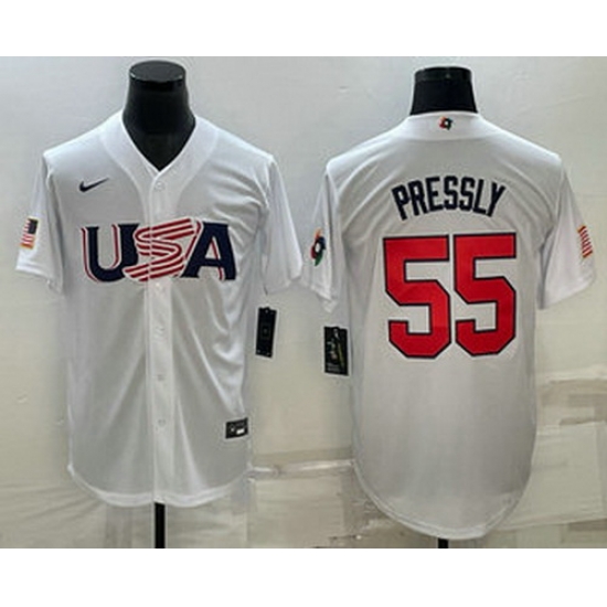 Men's USA Baseball #55 Ryan Pressly 2023 White World Baseball Classic Stitched Jerseys Men's USA Baseball #55 Ryan Pressly 2023 White World Baseball Classic Stitched Jerseys