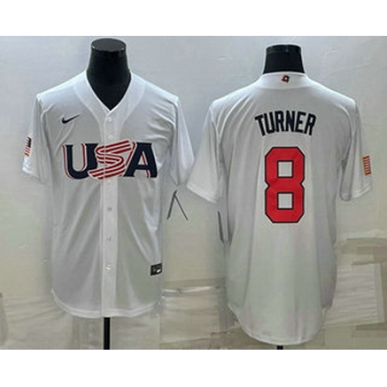 Men's USA Baseball #8 Trea Turner 2023 White World Baseball Classic Stitched Jersey Men's USA Baseball #8 Trea Turner 2023 White World Baseball Classic Stitched Jersey