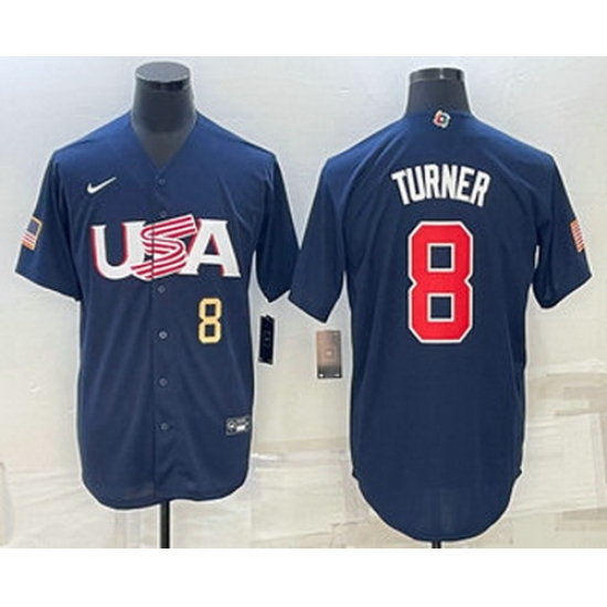 Men's USA Baseball #8 Trea Turner Number 2023 Navy World Baseball Classic Stitched Jersey Men's USA Baseball #8 Trea Turner Number 2023 Navy World Baseball Classic Stitched Jersey