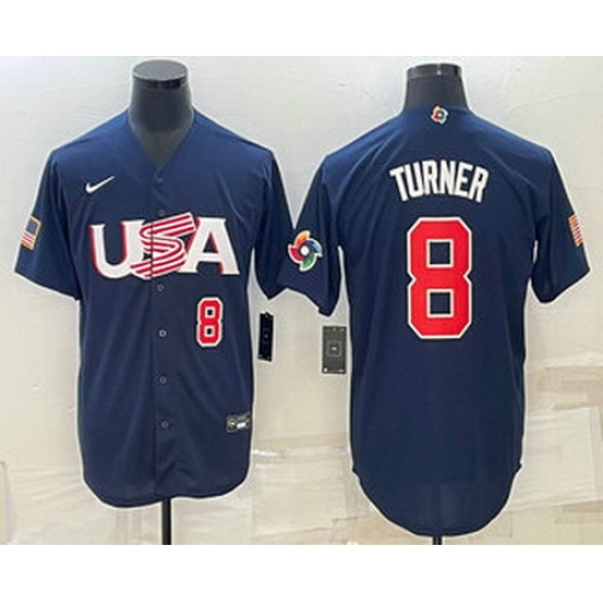 Men's USA Baseball #8 Trea Turner Number 2023 Navy World Baseball Classic Stitched Jerseys Men's USA Baseball #8 Trea Turner Number 2023 Navy World Baseball Classic Stitched Jerseys