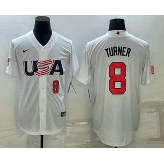 Mens USA Baseball #8 Trea Turner Number 2023 White World Baseball Classic Stitched Jersey Mens USA Baseball #8 Trea Turner Number 2023 White World Baseball Classic Stitched Jersey