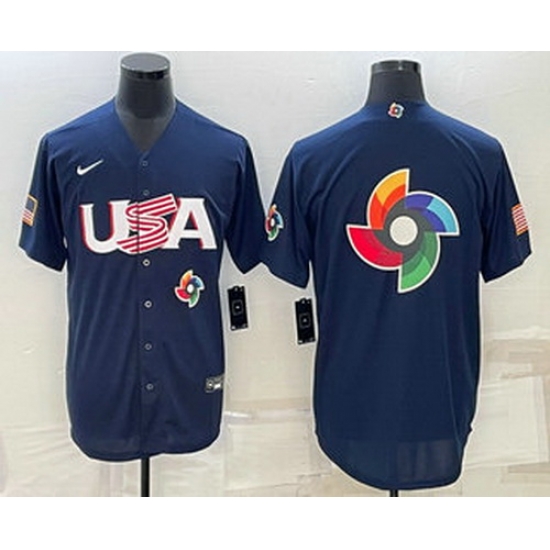 Men's USA Baseball Blank 2023 Navy World Baseball Big Logo Classic Stitched Jersey Men's USA Baseball Blank 2023 Navy World Baseball Big Logo Classic Stitched Jersey