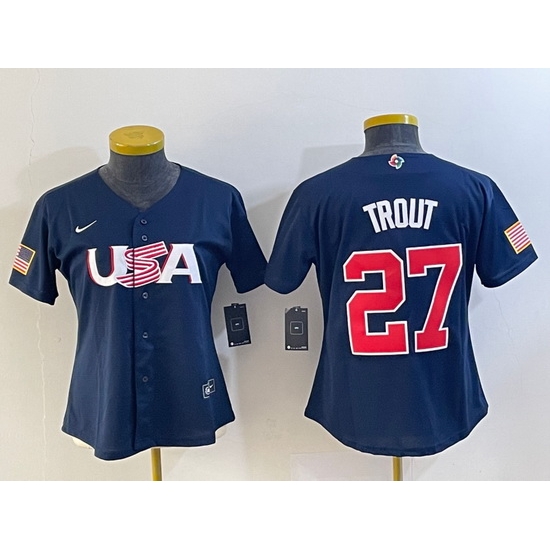 Women's USA Baseball #27 Mike Trout Number 2023 Navy World Classic Stitched Jersey1 Women's USA Baseball #27 Mike Trout Number 2023 Navy World Classic Stitched Jersey1