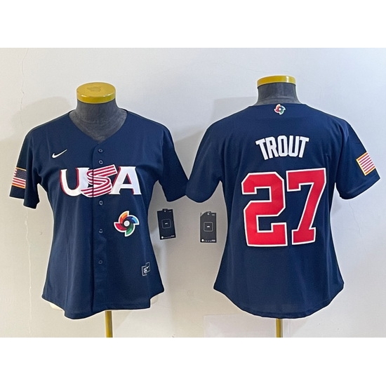 Women's USA Baseball #27 Mike Trout Number 2023 Navy World Classic Stitched Jersey2 Women's USA Baseball #27 Mike Trout Number 2023 Navy World Classic Stitched Jersey2