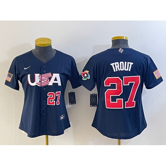 Women's USA Baseball #27 Mike Trout Number 2023 Navy World Classic Stitched Jersey Women's USA Baseball #27 Mike Trout Number 2023 Navy World Classic Stitched Jersey