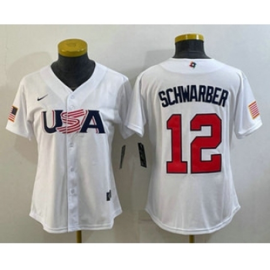 Womens USA Baseball 12 Kyle Schwarber 2023 White World Classic Stitched Jersey Womens USA Baseball 12 Kyle Schwarber 2023 White World Classic Stitched Jersey