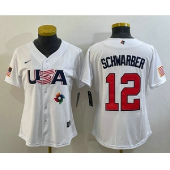 Womens USA Baseball 12 Kyle Schwarber 2023 White World Classic Stitched Jerseys Womens USA Baseball 12 Kyle Schwarber 2023 White World Classic Stitched Jerseys