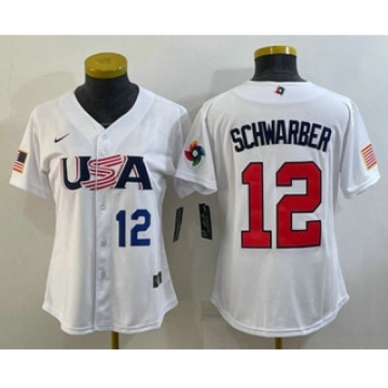 Womens USA Baseball 12 Kyle Schwarber Number 2023 White World Classic Stitched Jersey Womens USA Baseball 12 Kyle Schwarber Number 2023 White World Classic Stitched Jersey