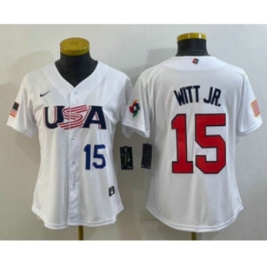 Womens USA Baseball 15 Bobby Witt Jr Number 2023 White World Classic Replica Stitched Jersey Womens USA Baseball 15 Bobby Witt Jr Number 2023 White World Classic Replica Stitched Jersey
