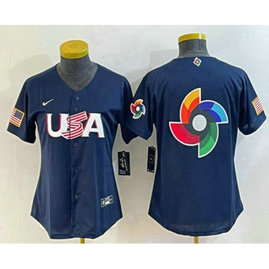 Women's USA Baseball 2023 Navy Big Logo With Patch World Classic Stitched Jerseys Women's USA Baseball 2023 Navy Big Logo With Patch World Classic Stitched Jerseys