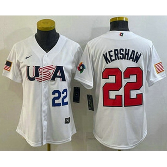 Women's USA Baseball #22 Clayton Kershaw Number 2023 White World Classic Stitched Jersey I Women's USA Baseball #22 Clayton Kershaw Number 2023 White World Classic Stitched Jersey I