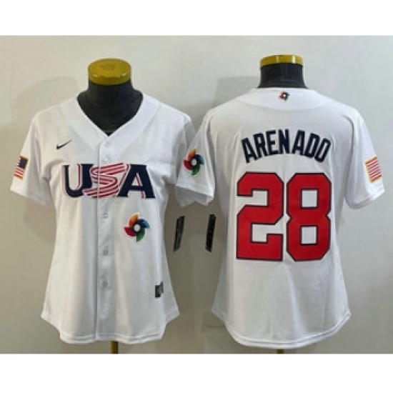 Womens USA Baseball 28 Nolan Arenado 2023 White World Classic Replica Stitched Jersey Womens USA Baseball 28 Nolan Arenado 2023 White World Classic Replica Stitched Jersey