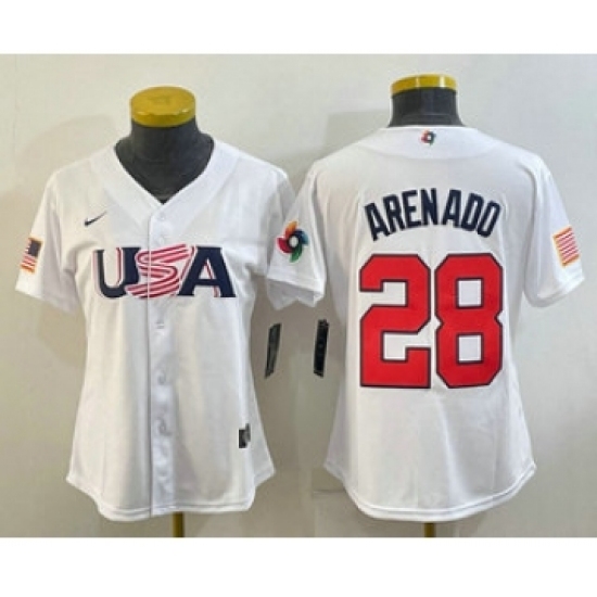 Womens USA Baseball 28 Nolan Arenado 2023 White World Classic Replica Stitched Jerseys Womens USA Baseball 28 Nolan Arenado 2023 White World Classic Replica Stitched Jerseys