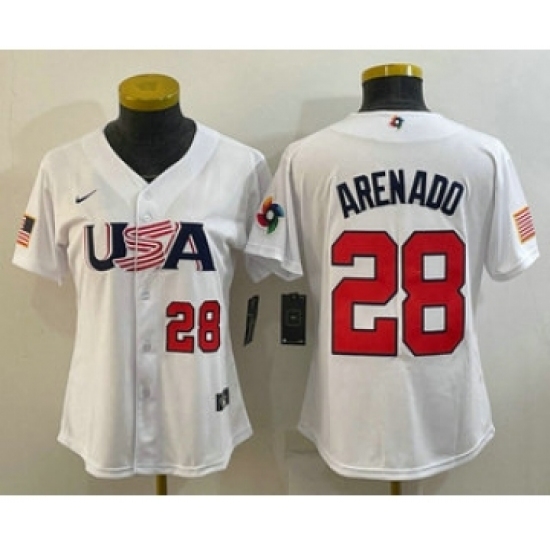 Womens USA Baseball 28 Nolan Arenado Number 2023 White World Classic Replica Stitched Jersey Womens USA Baseball 28 Nolan Arenado Number 2023 White World Classic Replica Stitched Jersey