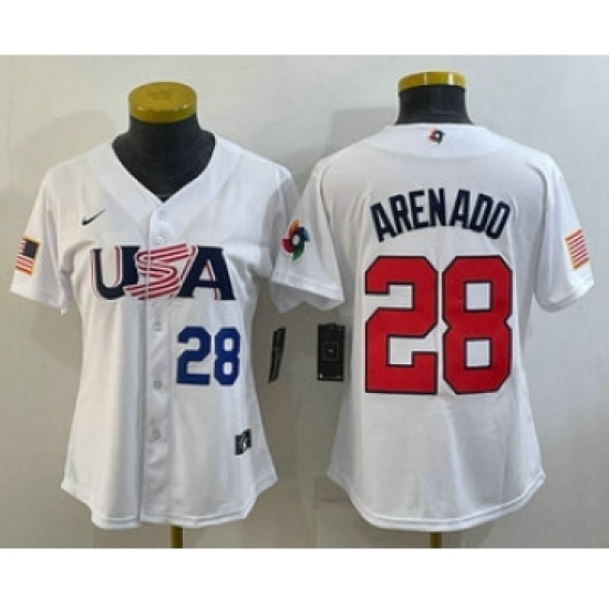 Womens USA Baseball 28 Nolan Arenado Number 2023 White World Classic Replica Stitched Jerseys Womens USA Baseball 28 Nolan Arenado Number 2023 White World Classic Replica Stitched Jerseys