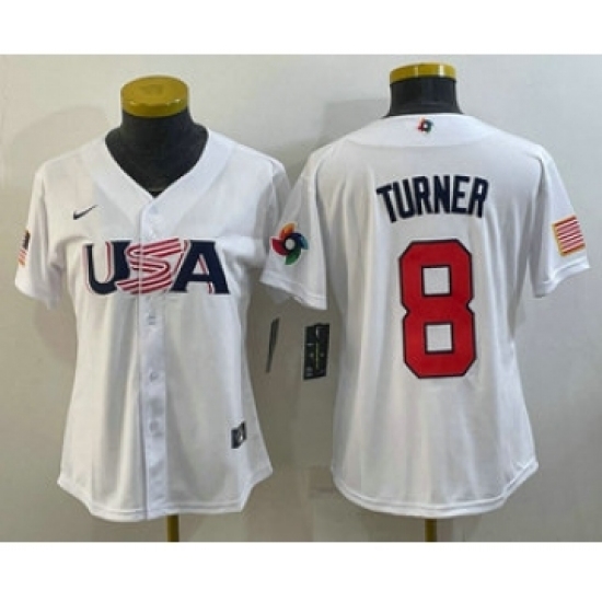 Womens USA Baseball 8 Trea Turner 2023 White World Classic Stitched Jerseys Womens USA Baseball 8 Trea Turner 2023 White World Classic Stitched Jerseys