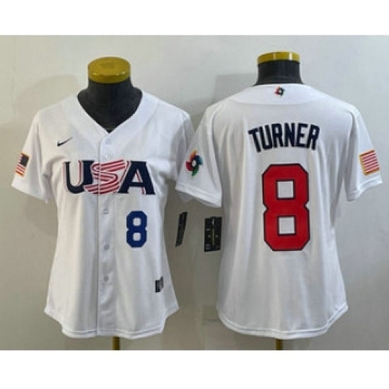 Womens USA Baseball 8 Trea Turner Number 2023 White World Classic Stitched Jersey Womens USA Baseball 8 Trea Turner Number 2023 White World Classic Stitched Jersey