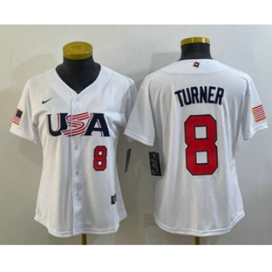Womens USA Baseball 8 Trea Turner Number 2023 White World Classic Stitched Jerseys Womens USA Baseball 8 Trea Turner Number 2023 White World Classic Stitched Jerseys