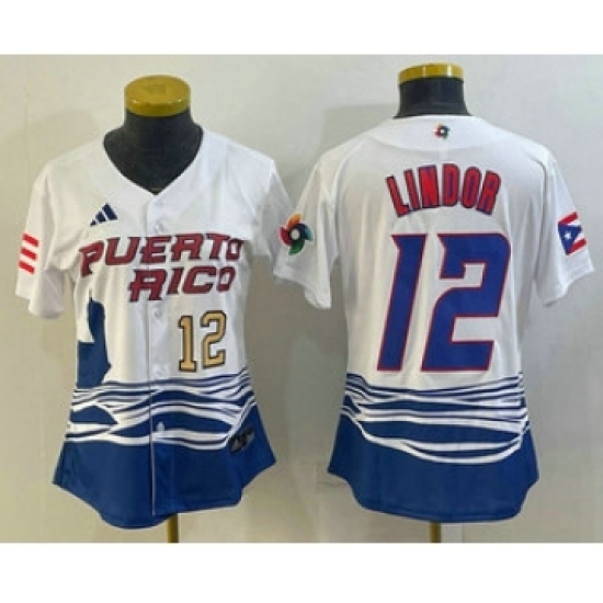 Womens Puerto Rico Baseball 12 Francisco Lindor Number 2023 White World Classic Stitched Jersey Womens Puerto Rico Baseball 12 Francisco Lindor Number 2023 White World Classic Stitched Jersey