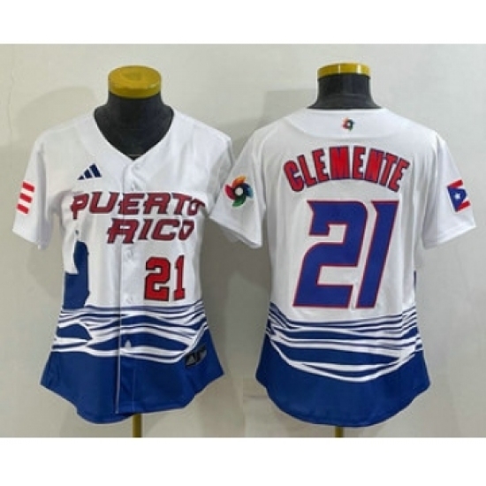 Womens Puerto Rico Baseball 21 Roberto Clemente Number 2023 White World Classic Stitched Jersey Womens Puerto Rico Baseball 21 Roberto Clemente Number 2023 White World Classic Stitched Jersey
