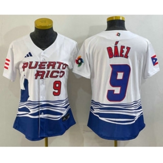 Womens Puerto Rico Baseball 9 Javier Baez Number White 2023 World Baseball Classic Stitched Jersey Womens Puerto Rico Baseball 9 Javier Baez Number White 2023 World Baseball Classic Stitched Jersey