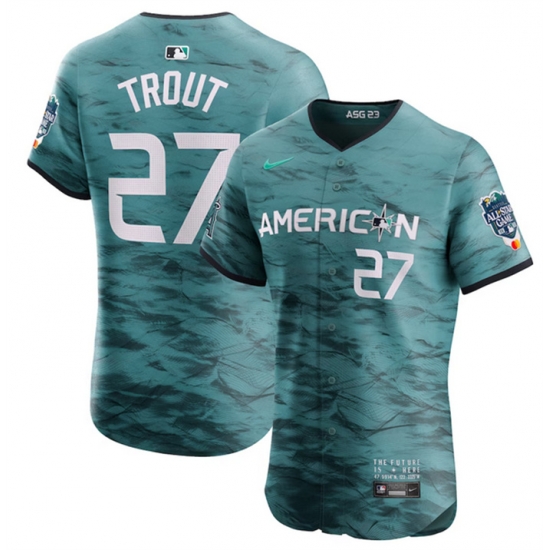Men Los Angeles Angels 27 Mike Trout Teal 2023 All Star Flex Base Stitched Jersey Men Los Angeles Angels 27 Mike Trout Teal 2023 All Star Flex Base Stitched Jersey