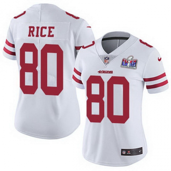 Nike 49ers 80 Jerry Rice White Women Stitched NFL Vapor Untouchable Limited 2024 Super Bowl LVIII Jersey Nike 49ers 80 Jerry Rice White Women Stitched NFL Vapor Untouchable Limited 2024 Super Bowl LVIII Jersey