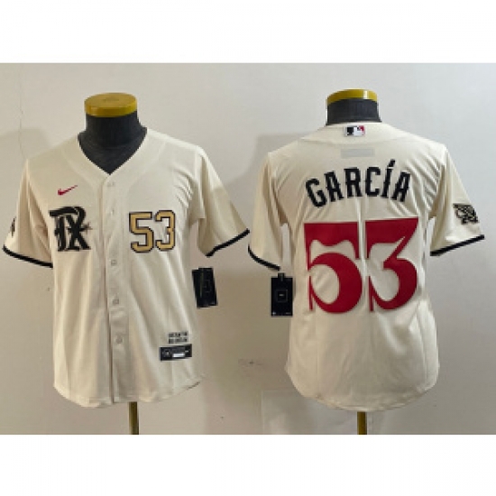 Youth MLB Rangers 53 Adolis Garcia Cream Nike Cool Base Youth Jersey Youth MLB Rangers 53 Adolis Garcia Cream Nike Cool Base Youth Jersey